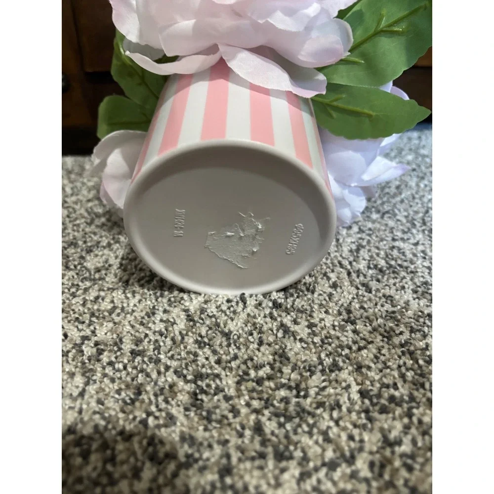 Pink Faux Peony Floral Arrangement in Pink White Striped Pot Decorative Accent